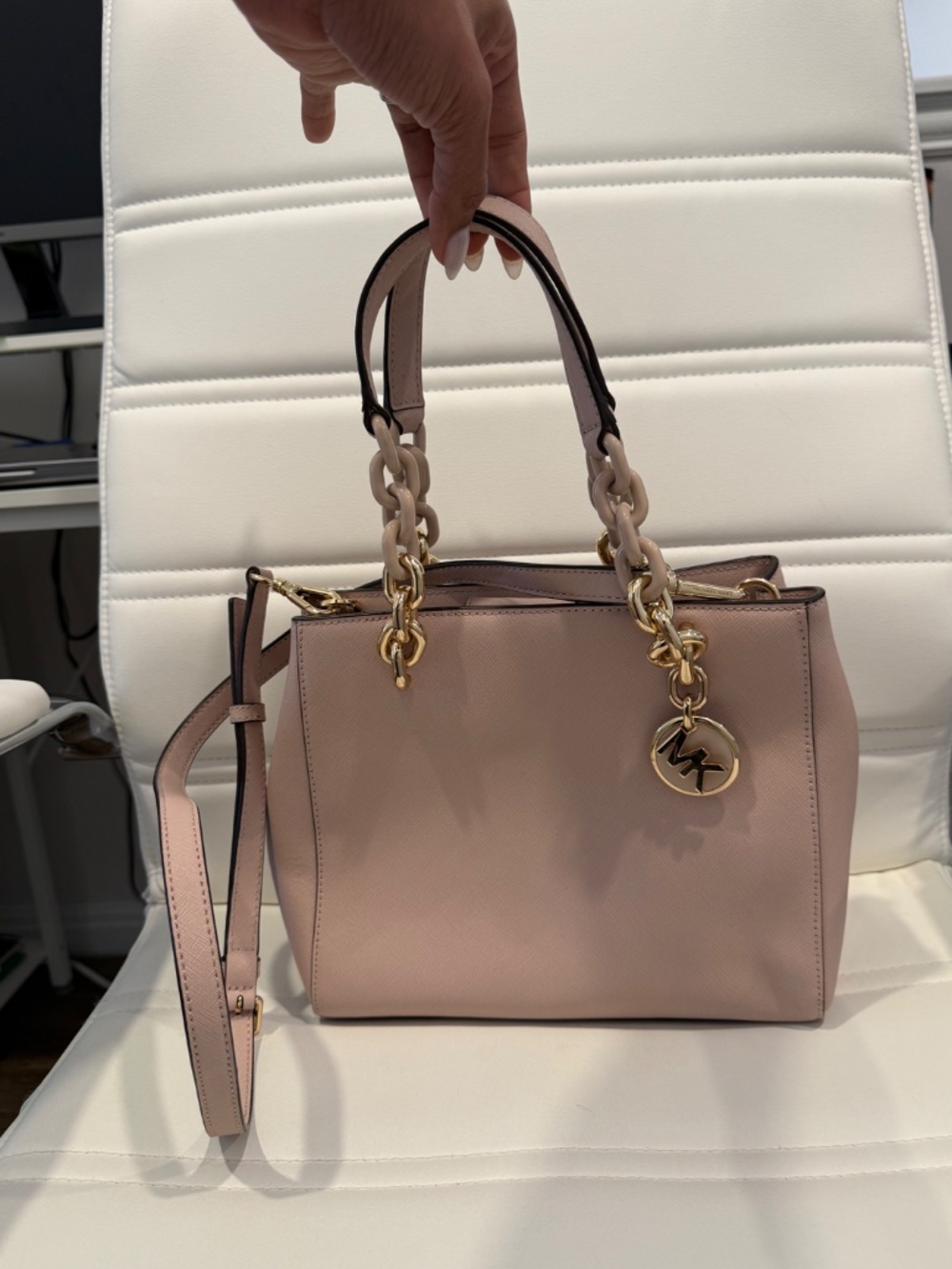 Michael Kors Cynthia Blossom Pink Gold Saffiano Leather Medium Satchel - Picture 3 of 15
